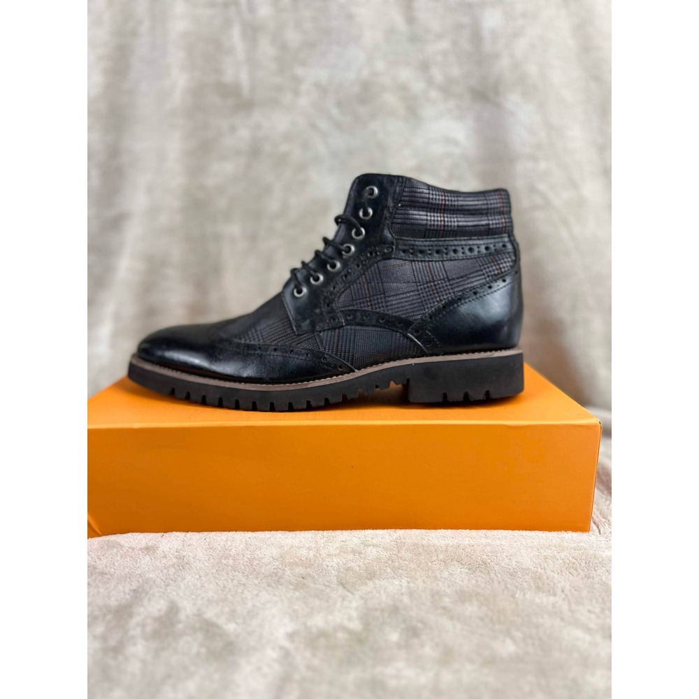 Stacy Adams Mens Black Leather Wingtip Plaid Panel Lug Sole Boots 21426-001 8M